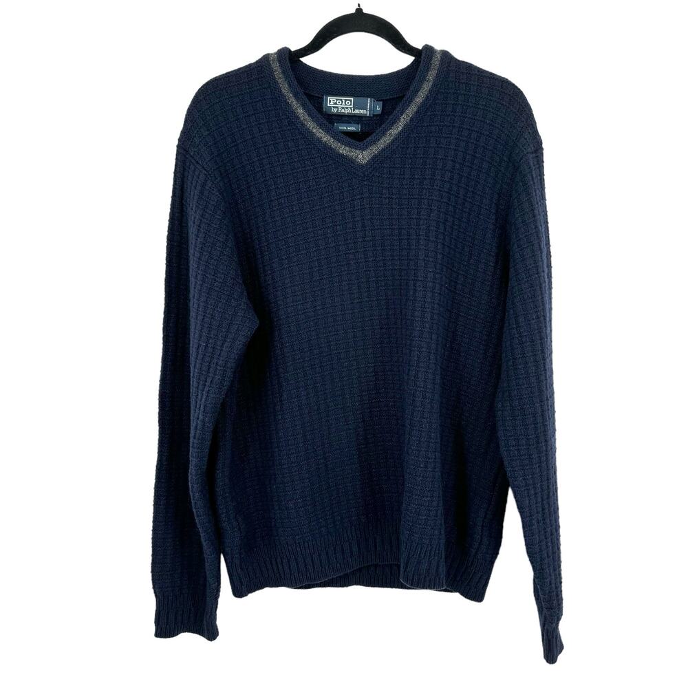 Vintage 90s Polo Ralph Lauren 100% Wool V Neck Sweater L Blue Chunky Knit